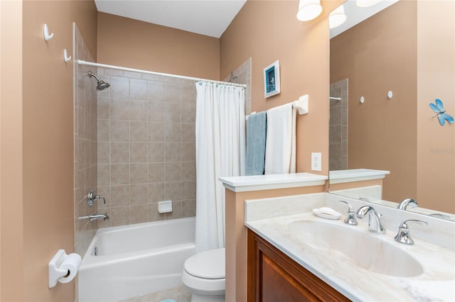 full bathroom featuring shower / tub combo, vanity, and toilet