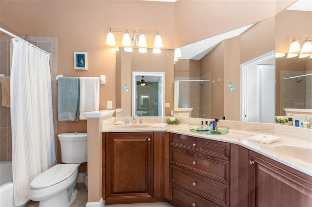 full bathroom with ceiling fan, toilet, vanity, and shower / tub combo