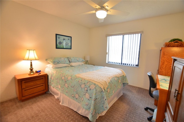 bedroom with ceiling fan and carpet floors