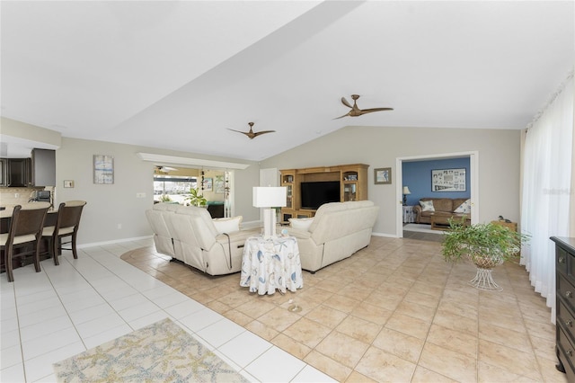 tiled living room with vaulted ceiling