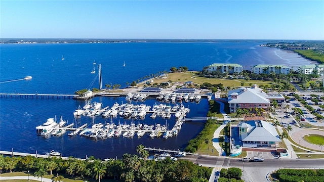 drone / aerial view with a water view