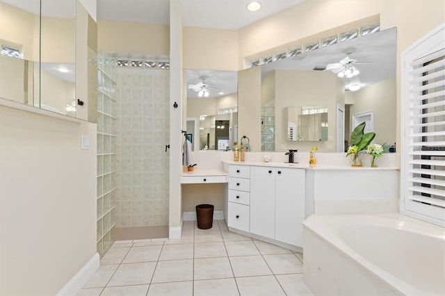 bathroom with vanity, tile patterned floors, ceiling fan, and independent shower and bath