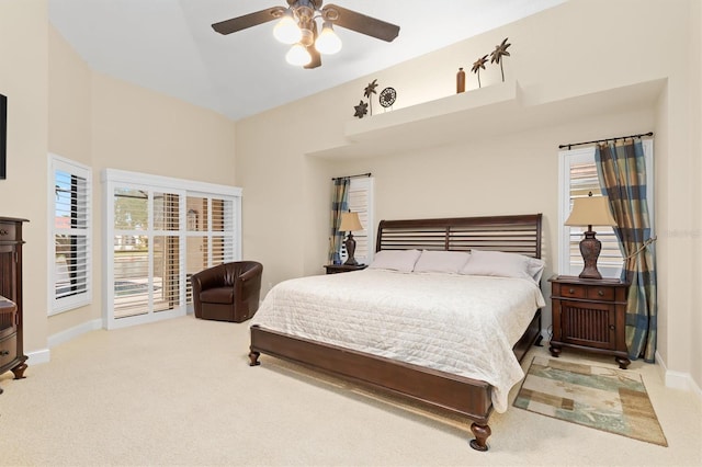 bedroom featuring carpet flooring, ceiling fan, and baseboards