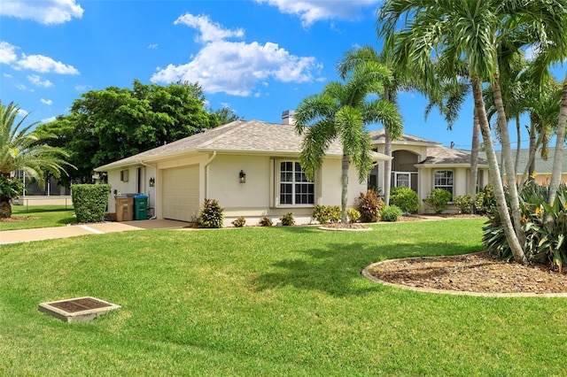 ranch-style house featuring a garage and a front lawn