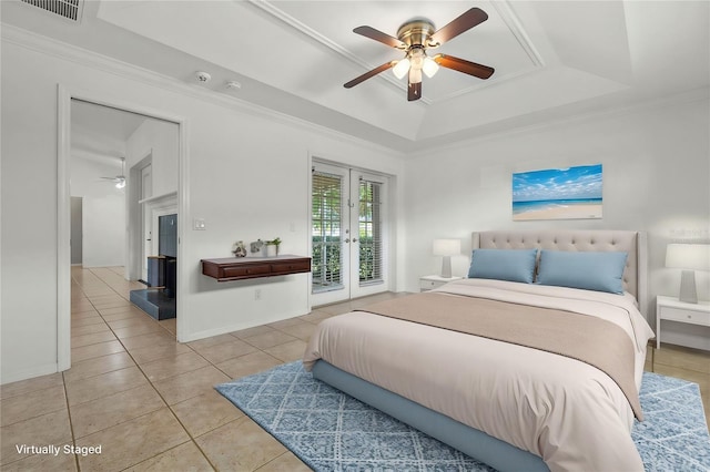 bedroom featuring french doors, ornamental molding, access to outside, ceiling fan, and light tile patterned floors