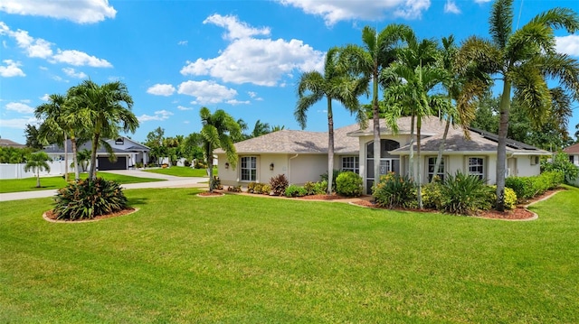 single story home with a front lawn