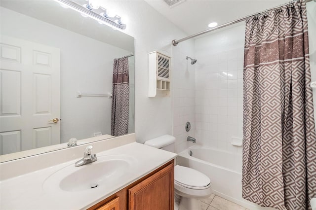 full bathroom featuring tile patterned floors, vanity, toilet, and shower / tub combo with curtain