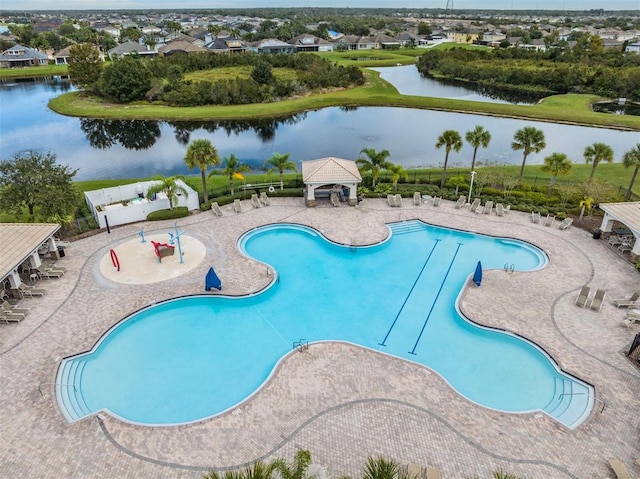 view of pool featuring a gazebo and a water view