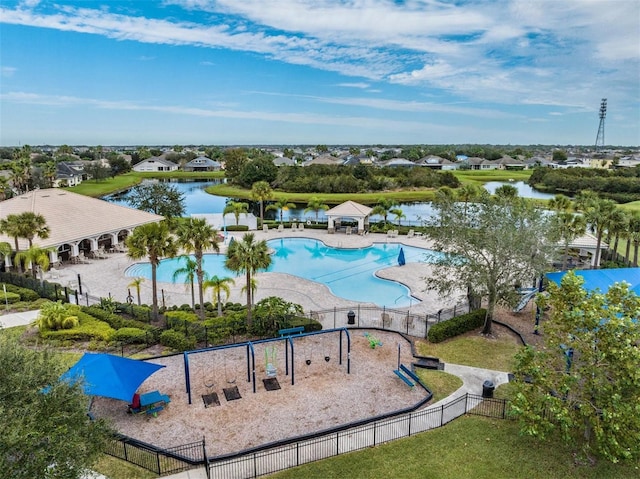 drone / aerial view featuring a water view