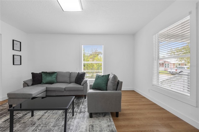 living room featuring light wood-type flooring, baseboards, and a textured ceiling