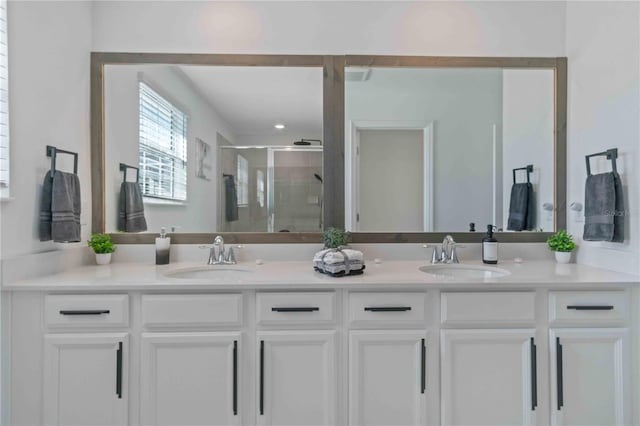 bathroom with double vanity, a shower stall, and a sink