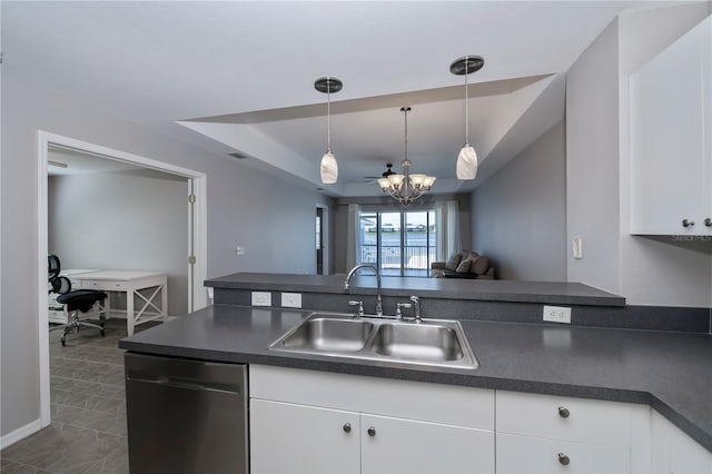 kitchen featuring pendant lighting, white cabinetry, sink, and stainless steel dishwasher