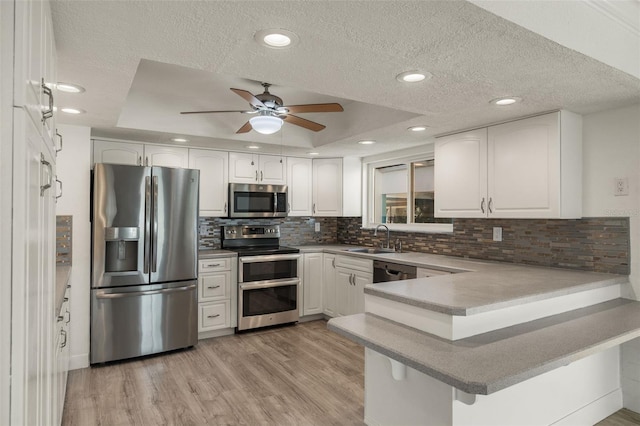 kitchen featuring stainless steel appliances, a peninsula, a raised ceiling, and white cabinetry