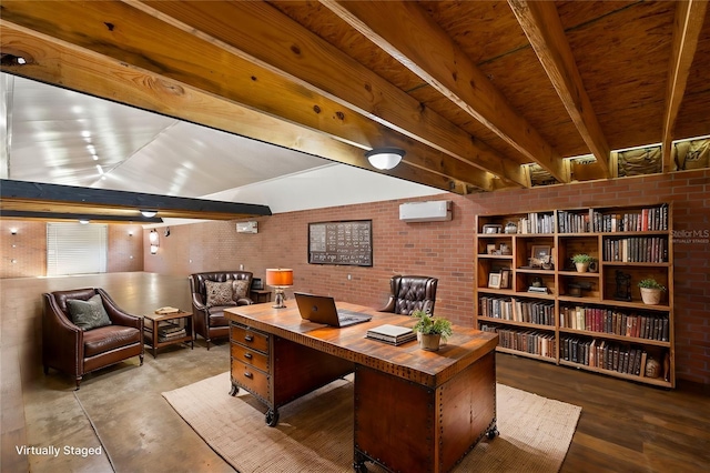 office featuring brick wall, a wall mounted AC, and beam ceiling