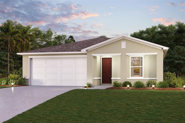 ranch-style home featuring a garage and a lawn