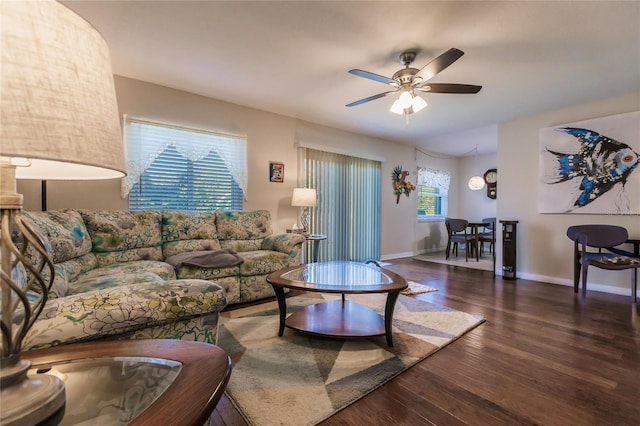 living room featuring plenty of natural light, dark hardwood / wood-style floors, and ceiling fan