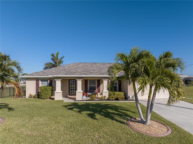 single story home with a front yard and a porch