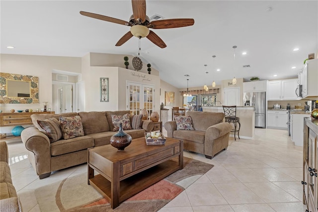 living room with french doors, high vaulted ceiling, ceiling fan, and light tile patterned flooring