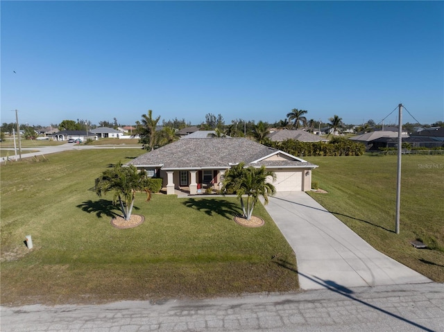 ranch-style house featuring covered porch, a garage, and a front lawn