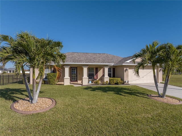 ranch-style house with a porch, a front yard, and a garage