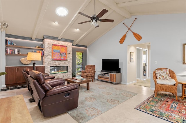 living room featuring light tile patterned flooring, a stone fireplace, high vaulted ceiling, beamed ceiling, and ceiling fan