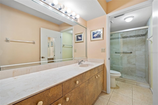 bathroom featuring tile patterned floors, walk in shower, a textured ceiling, and toilet