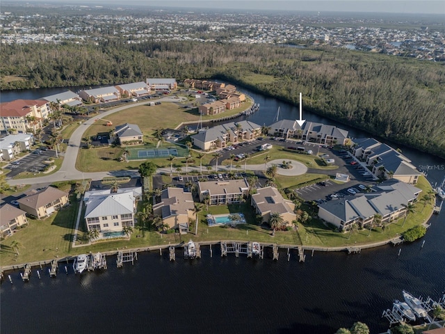 bird's eye view with a water view