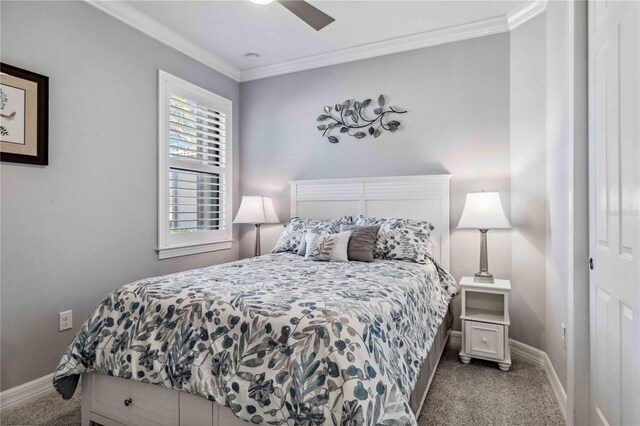 carpeted bedroom featuring ceiling fan, a closet, and ornamental molding