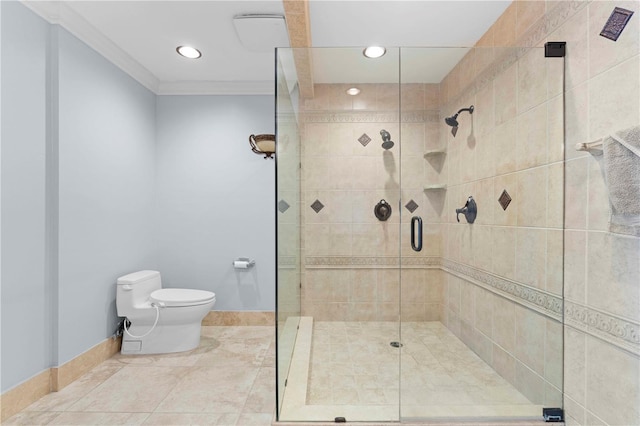 bathroom with an enclosed shower, toilet, ornamental molding, and tile patterned floors