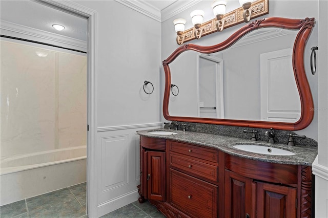 bathroom featuring crown molding, shower / washtub combination, vanity, and tile patterned flooring