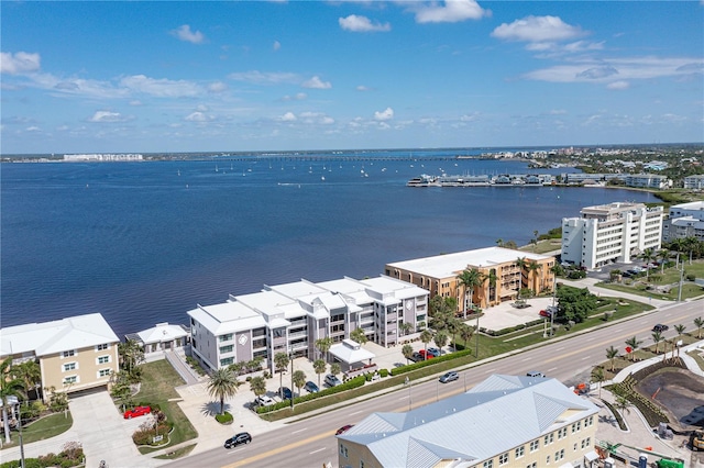 aerial view featuring a water view