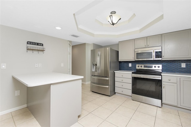 kitchen featuring tasteful backsplash, a tray ceiling, kitchen peninsula, gray cabinets, and stainless steel appliances