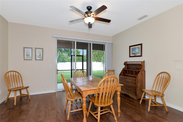 dining room with ceiling fan and dark wood-type flooring