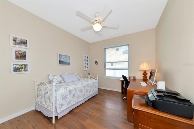 bedroom with hardwood / wood-style floors and ceiling fan