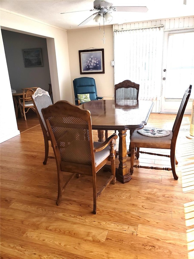 dining space with light hardwood / wood-style floors and ceiling fan