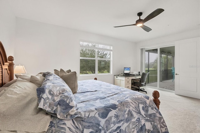 carpeted bedroom with access to outside and ceiling fan