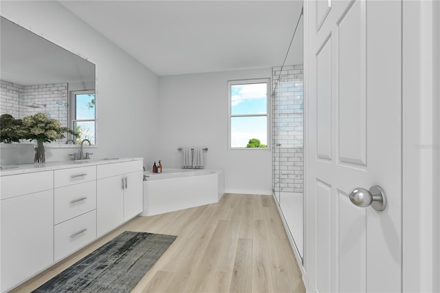 bathroom featuring hardwood / wood-style flooring, vanity, and independent shower and bath