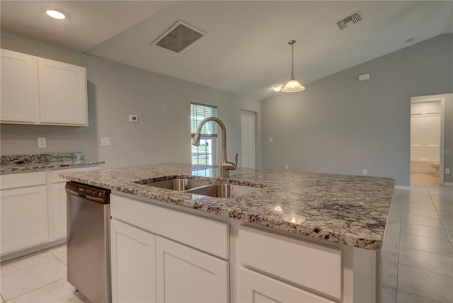 kitchen with sink, dishwasher, white cabinets, hanging light fixtures, and a kitchen island with sink