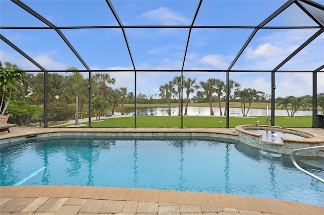 view of swimming pool with glass enclosure, an in ground hot tub, and a water view