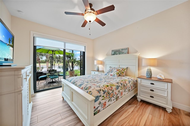 bedroom with ceiling fan, access to exterior, and light wood-type flooring