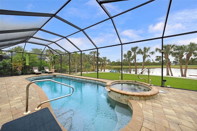 view of swimming pool featuring a lanai, a lawn, a water view, and a patio