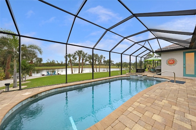 view of swimming pool featuring glass enclosure, a yard, a water view, and a patio