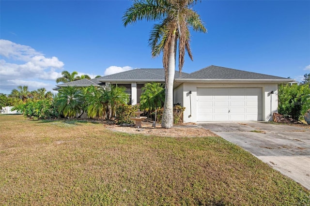 single story home with a garage and a front lawn