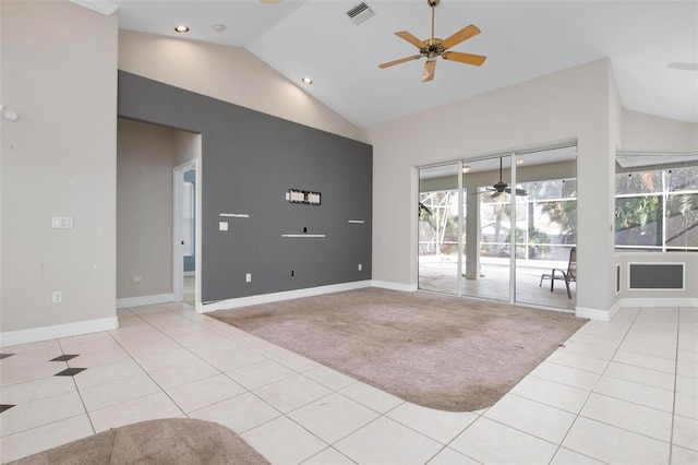 unfurnished living room with light carpet, high vaulted ceiling, and ceiling fan