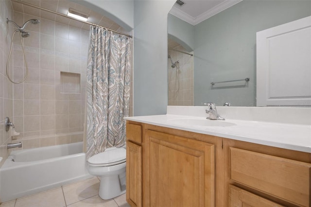 full bathroom featuring vanity, tile patterned flooring, toilet, ornamental molding, and shower / tub combo