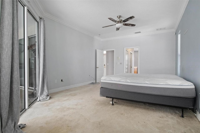 bedroom featuring ceiling fan, light carpet, and ornamental molding