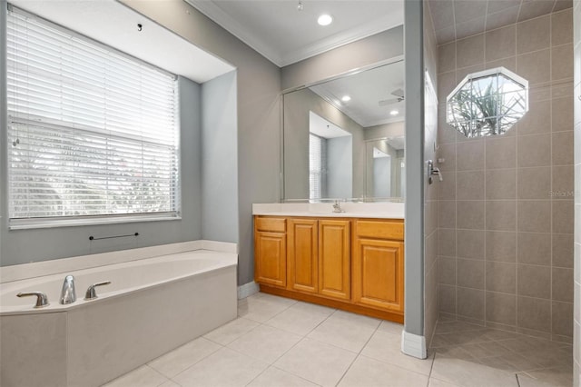 bathroom featuring tile patterned flooring, vanity, plus walk in shower, and ornamental molding