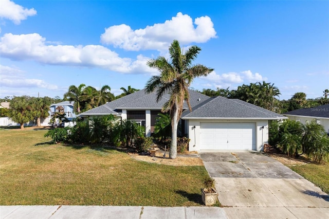 view of front of property with a garage and a front lawn