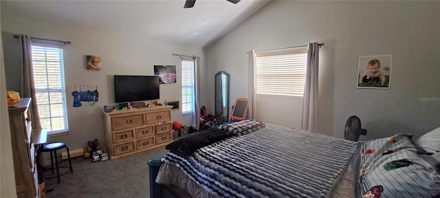 carpeted bedroom featuring ceiling fan and lofted ceiling