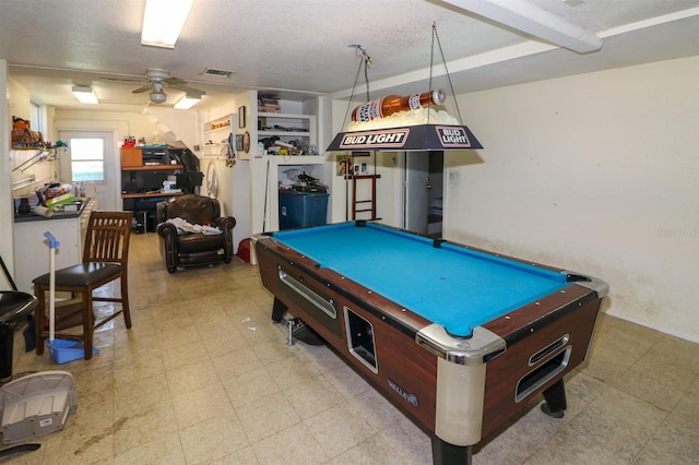 rec room featuring ceiling fan, a textured ceiling, and pool table